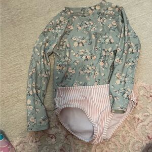 Ruffle Butts Girls Two-Piece Floral Rash Guard Set in Sage Green and Pink